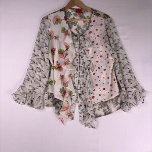 V Cristina Floral Patchwork Ruffle Blouse Boho Whimsigoth Sheer Button Down Top